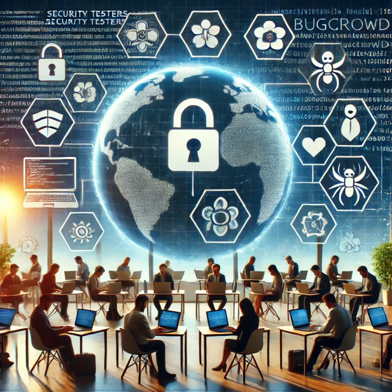 Freelance security testers working remotely on Bugcrowd platform with digital symbols representing cybersecurity, coding, and vulnerability testing.