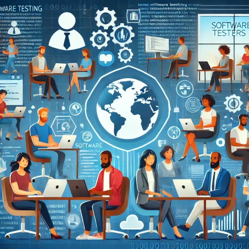 Freelance software testers working remotely, with digital symbols representing coding, software testing, and cloud computing in the background.
