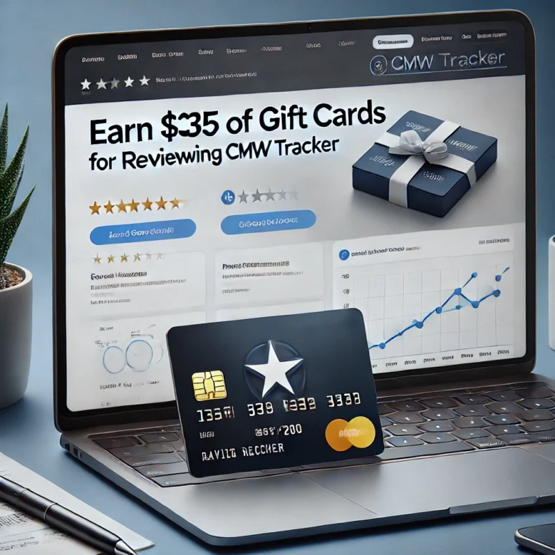 Gift card displayed next to a laptop with a review interface, promoting $35 rewards for reviewing CMW Tracker.