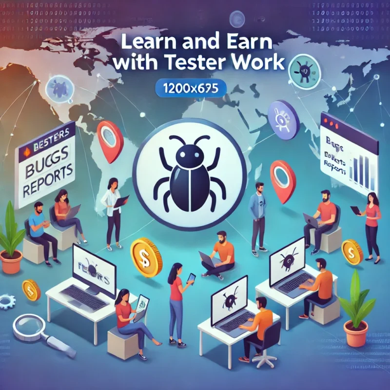 Illustration of a tester working on a laptop with app interfaces displayed, representing earning money by testing apps on Tester Work.