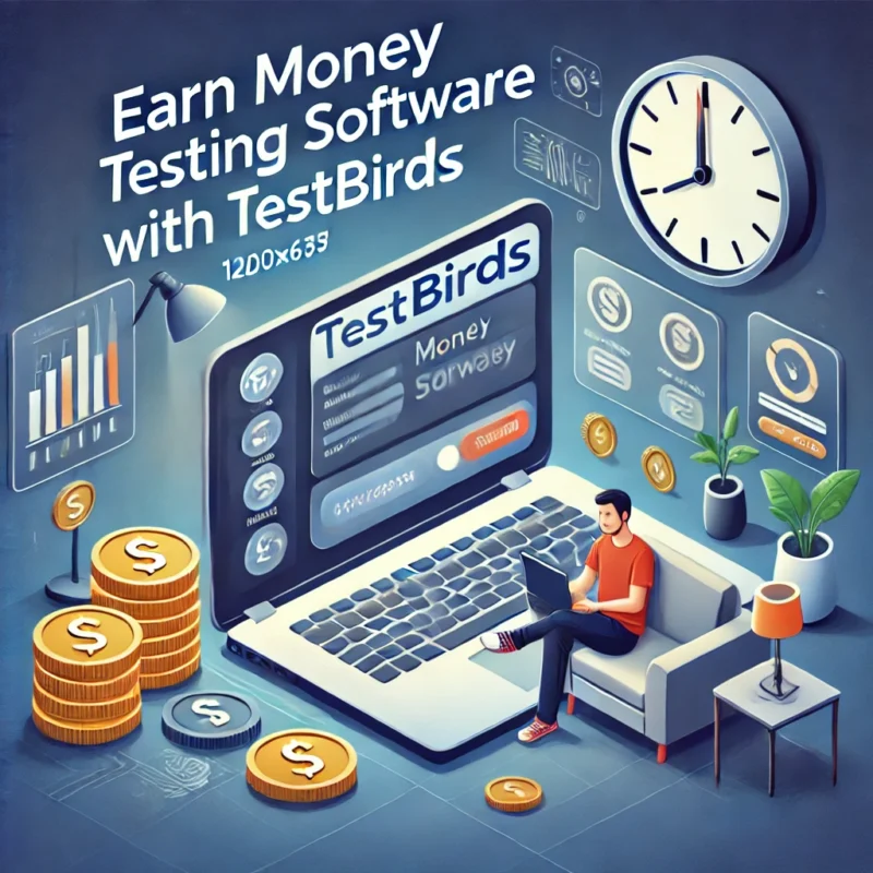 Illustration of software testing with Testbirds, showcasing earning money through flexible hours and bug reporting.