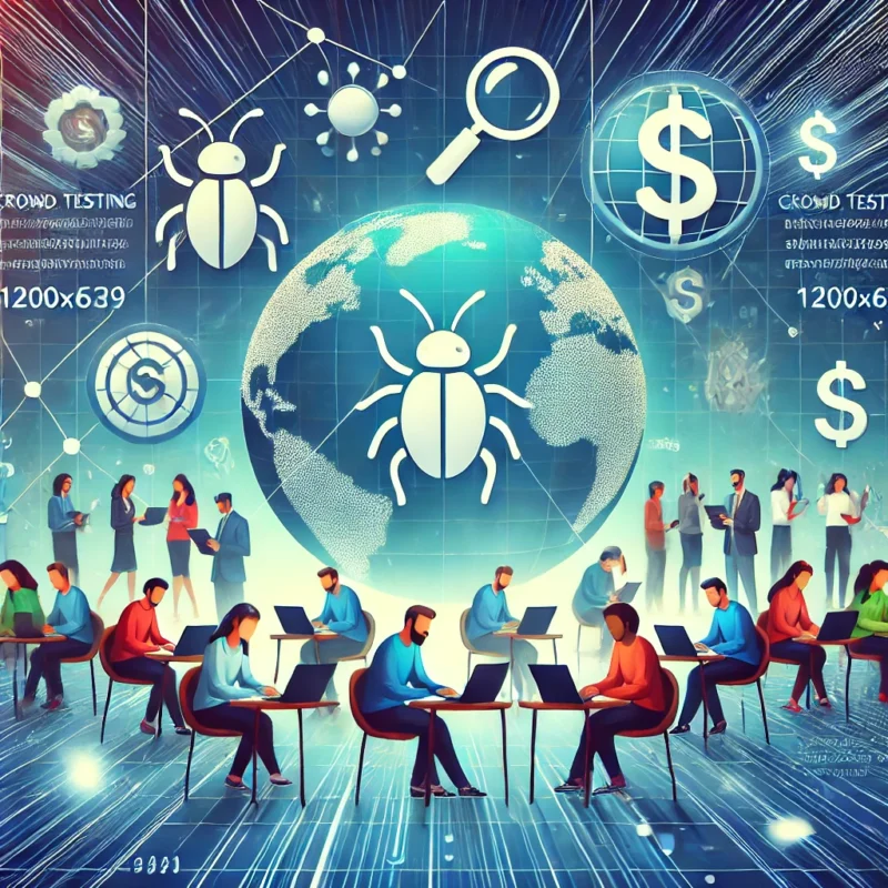 Global crowd testing concept with testers and digital elements.